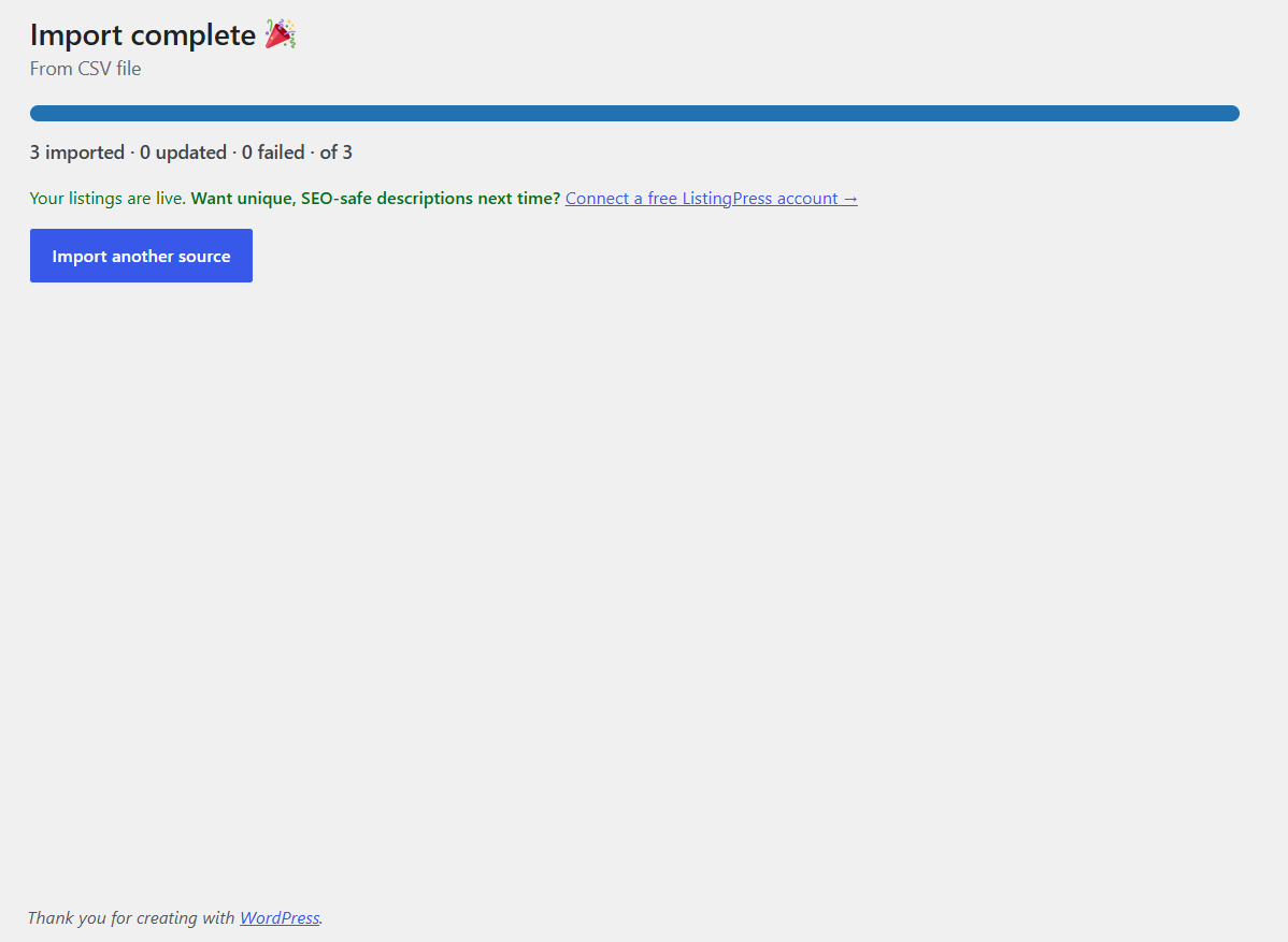 Live import progress.