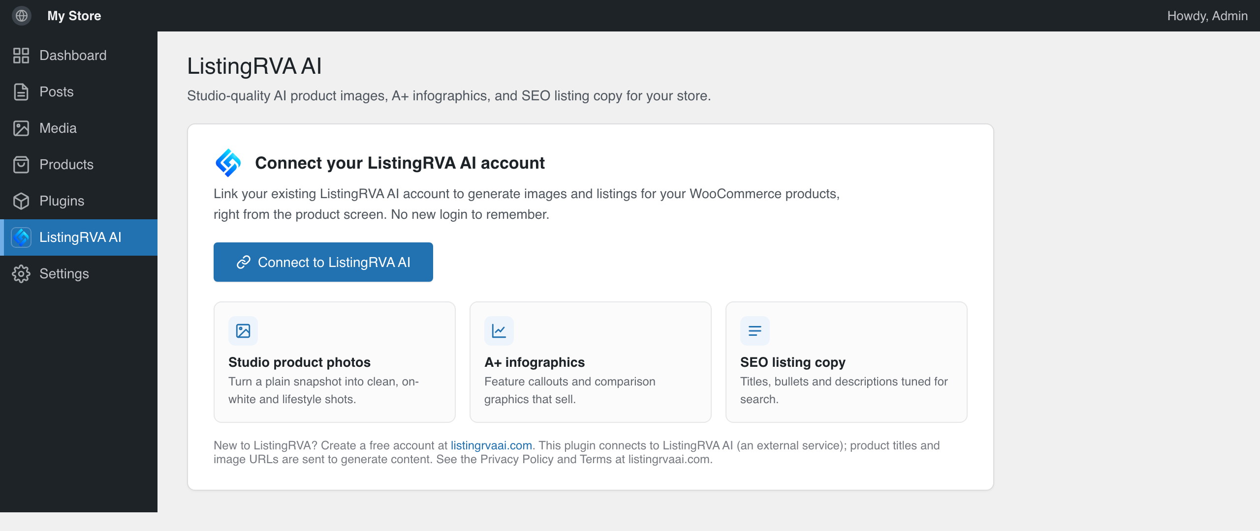 The ListingRVA AI plugin page, connect your store in one click.