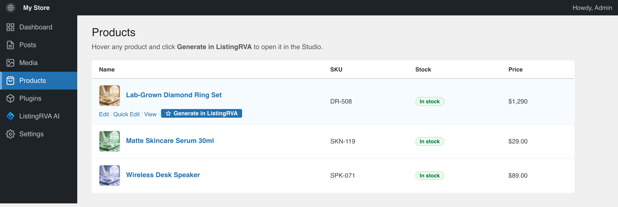 "Generate in ListingRVA" on a WooCommerce product.