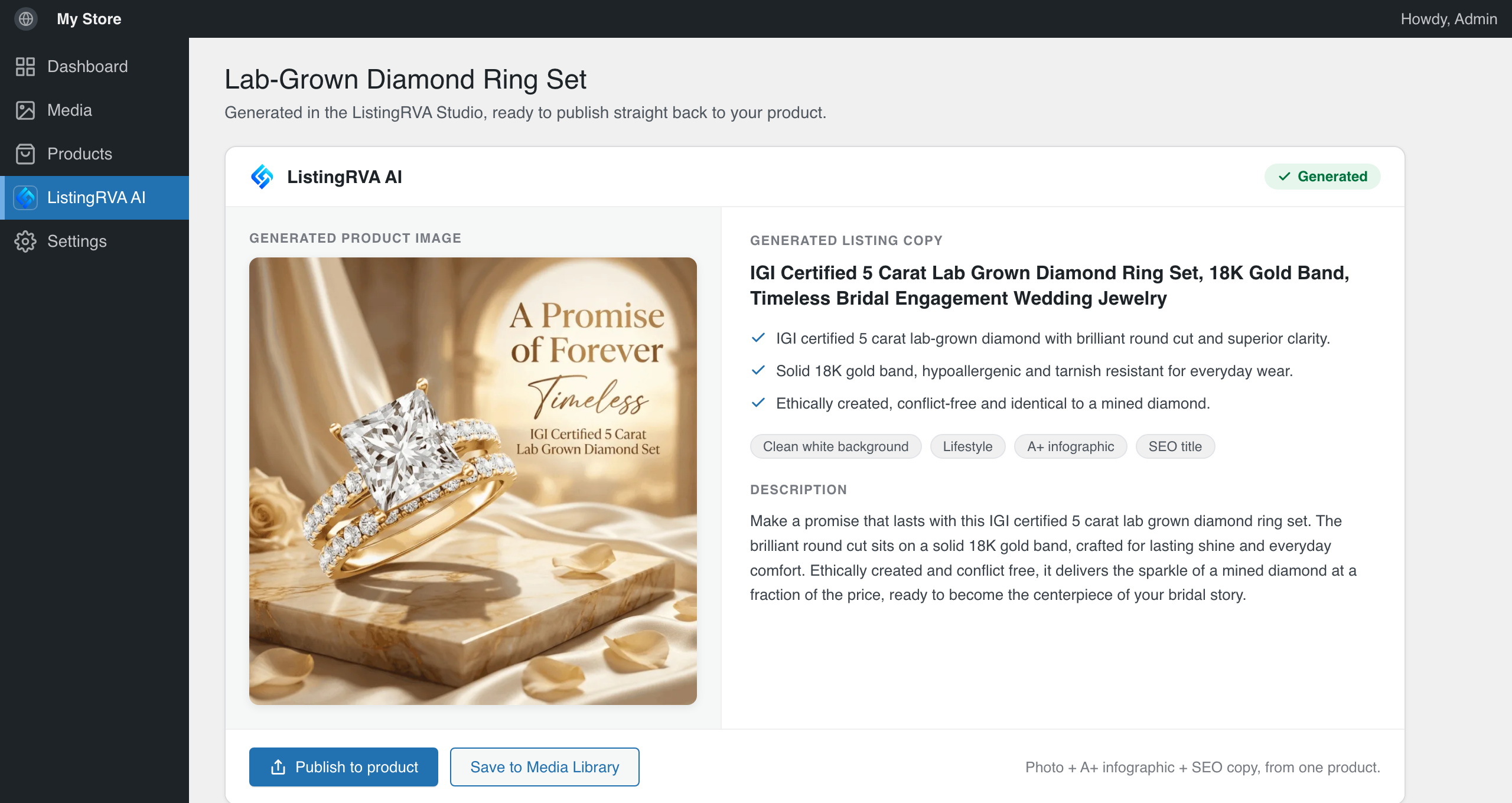 A generated studio-quality product image ready to publish back to the store.