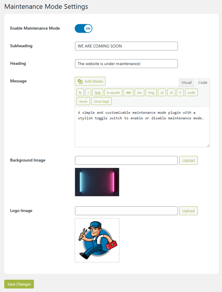 Admin settings page with toggle switch