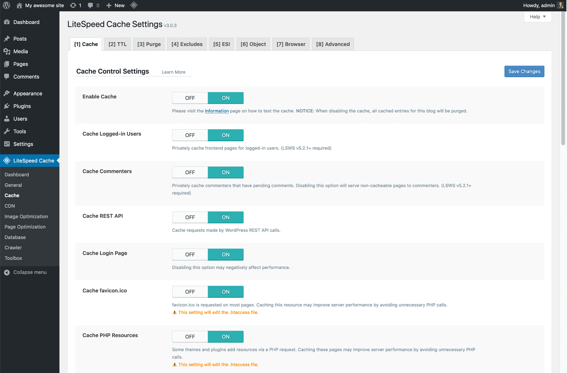 Configurações do administrador - Cache