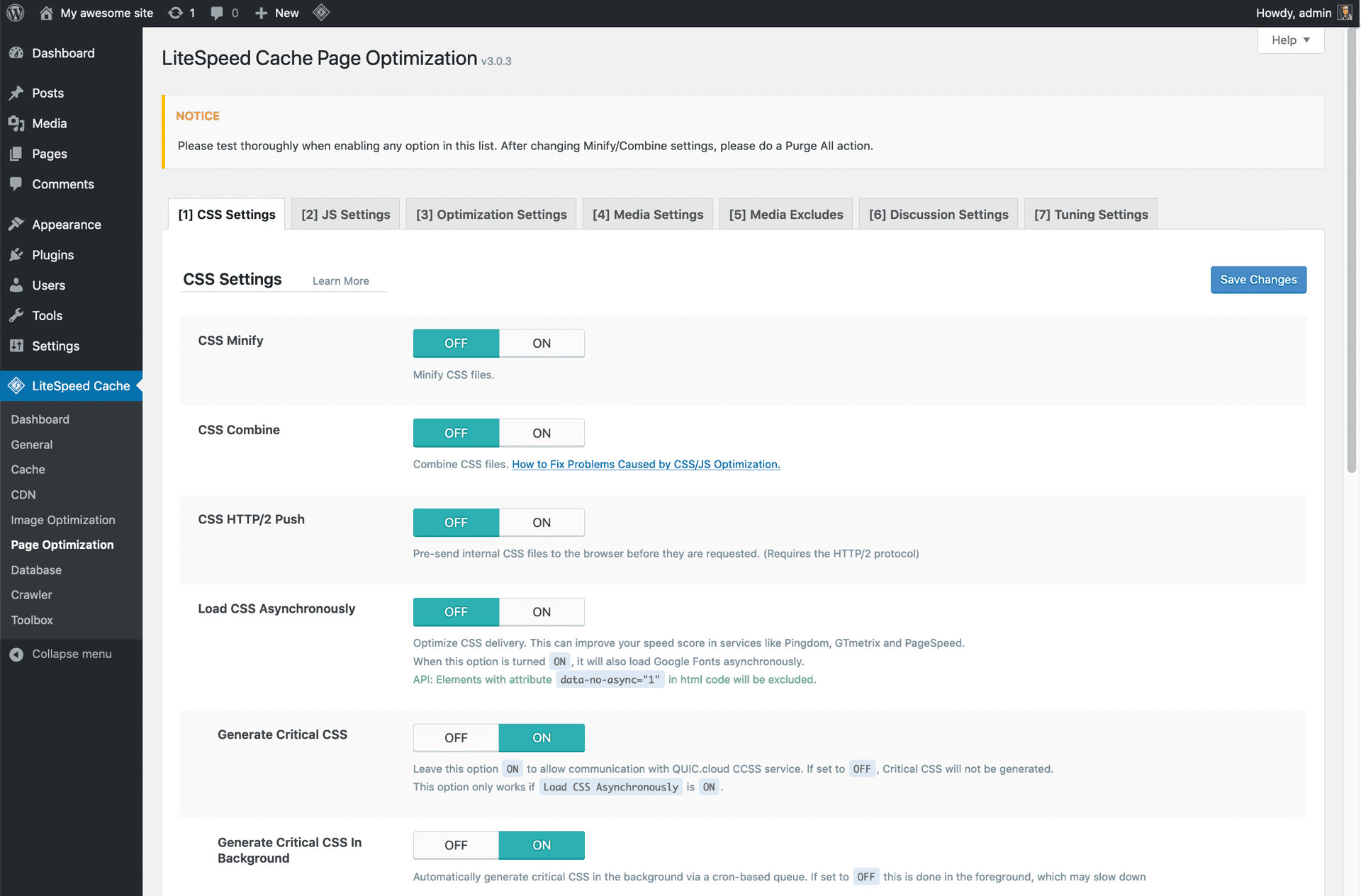 Configurações do administrador - Otimização de páginas