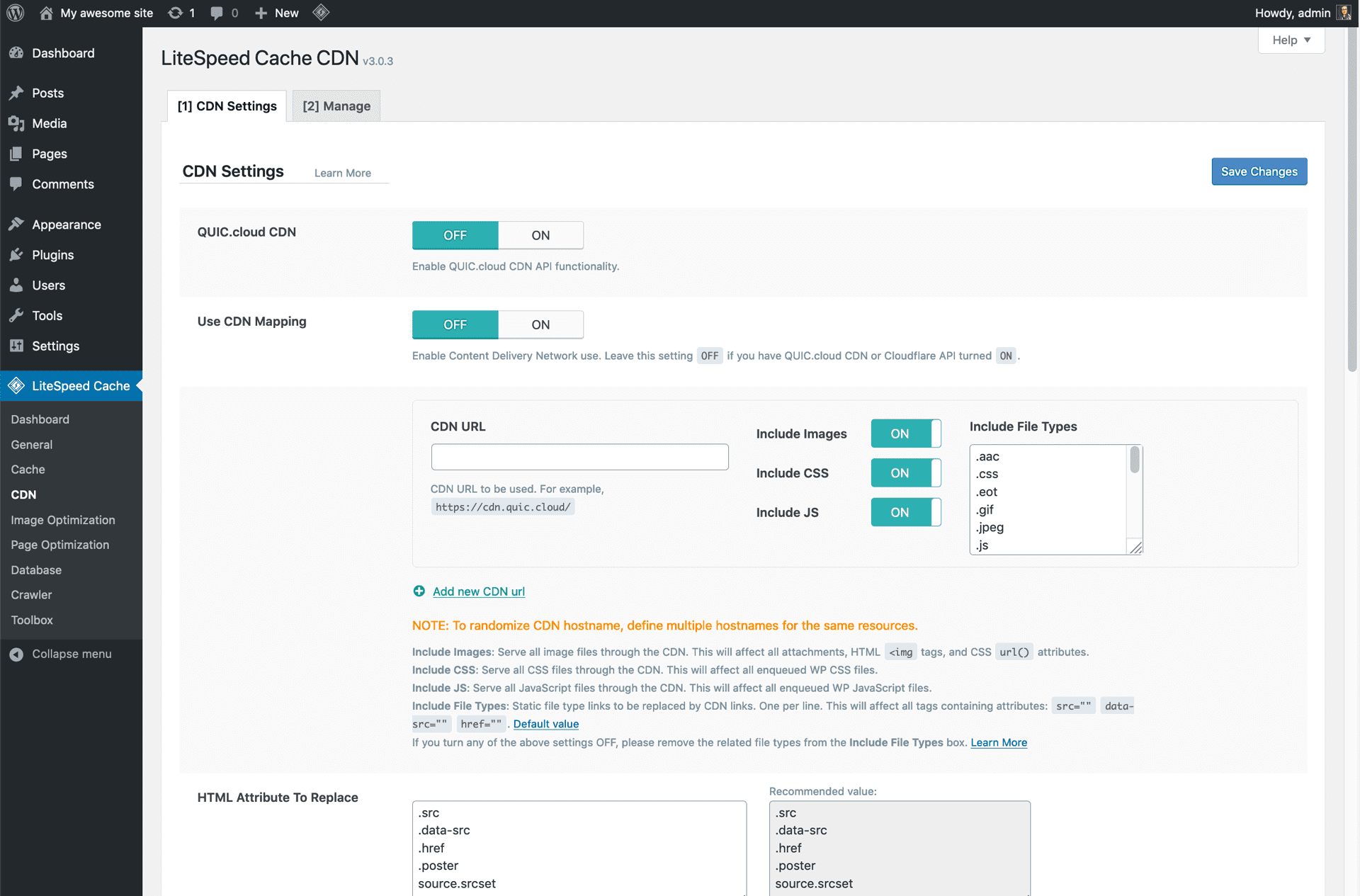 Configurações do administrador - CDN