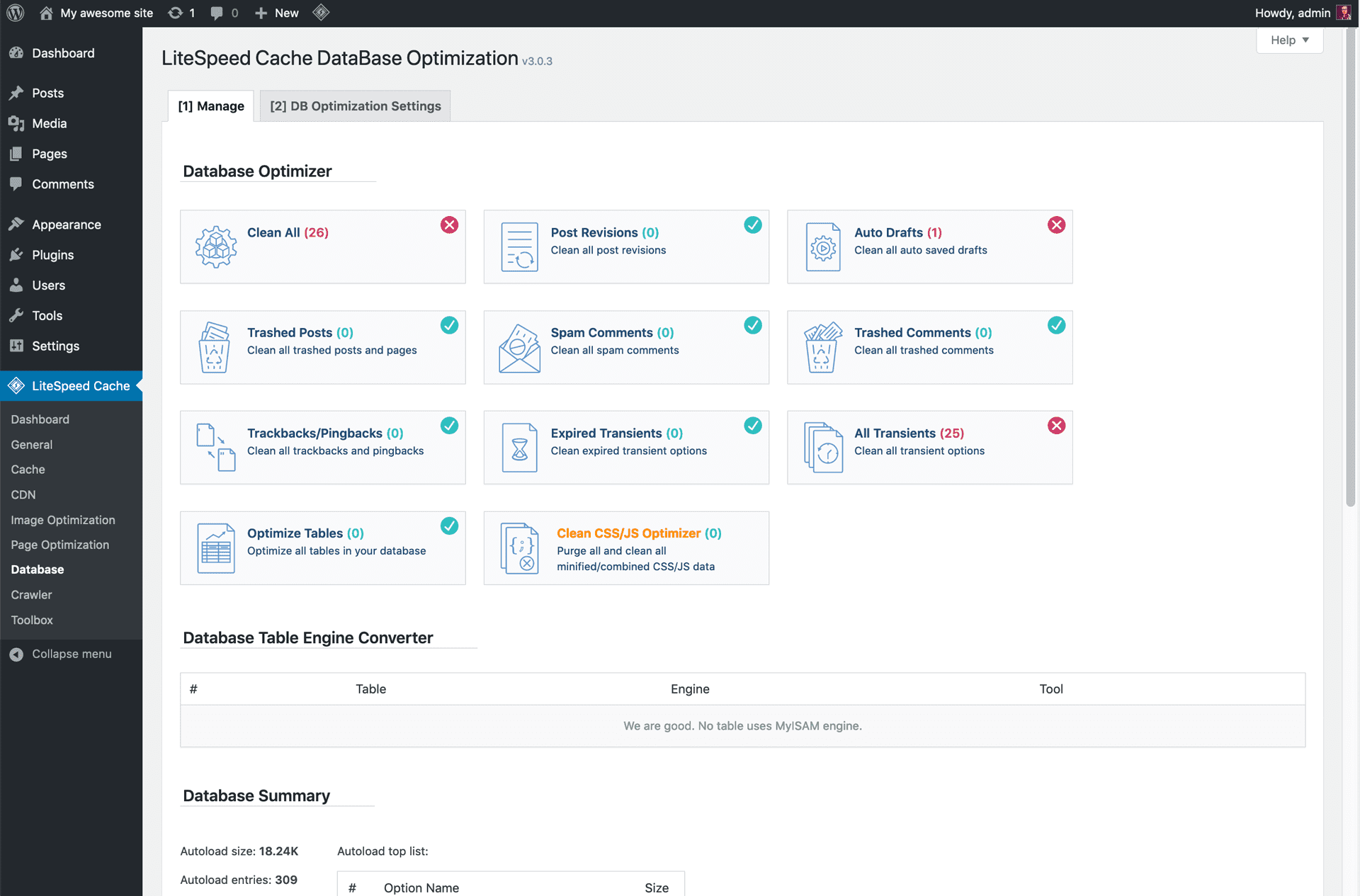 Configurações do administrador - Otimizador de banco de dados