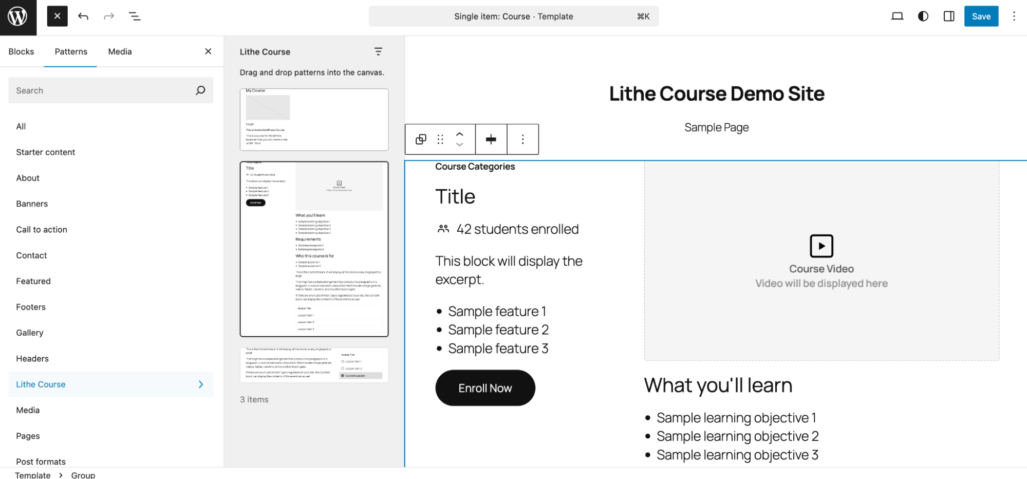 Example layout of a course template using Lithe Course