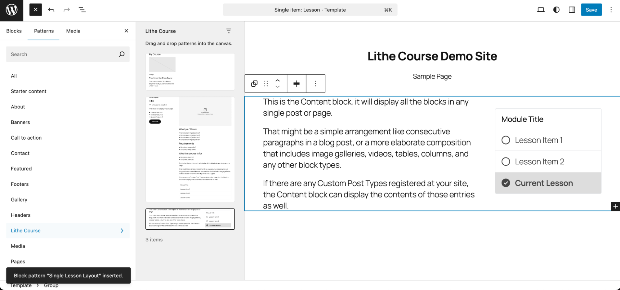 Example layout of a lesson template with progress tracking