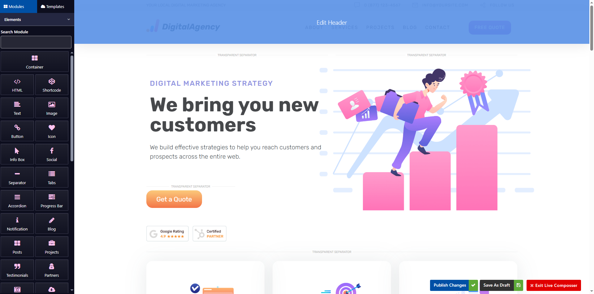 The page builder in editing mode