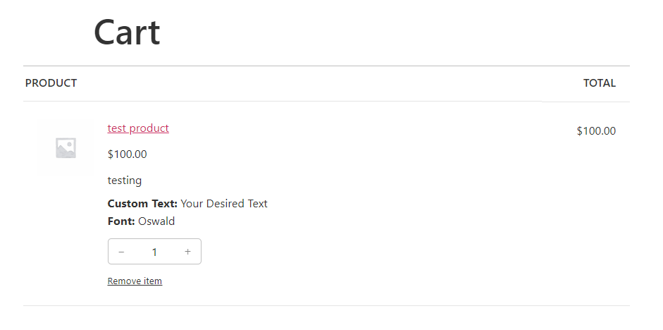 Cart page displaying the selected custom font and text.