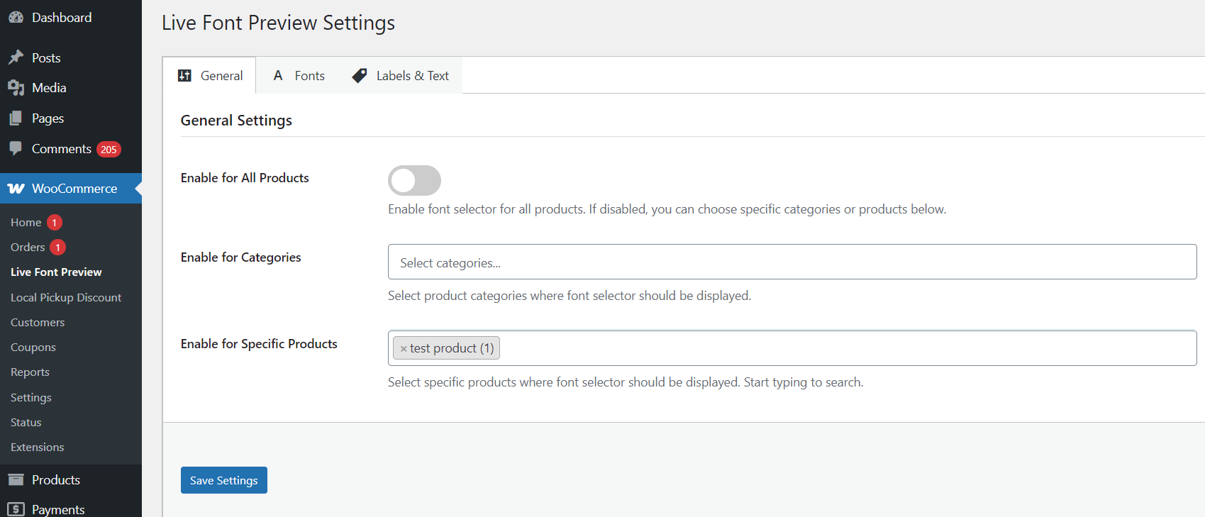 Order details showing the customer's font choice.