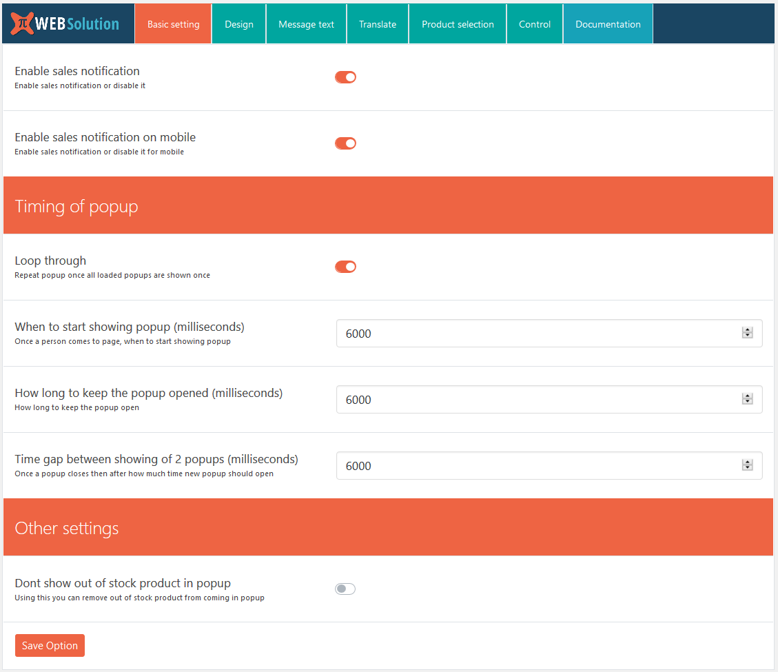 Basic popup setting controlling the features of the live sales notification popup