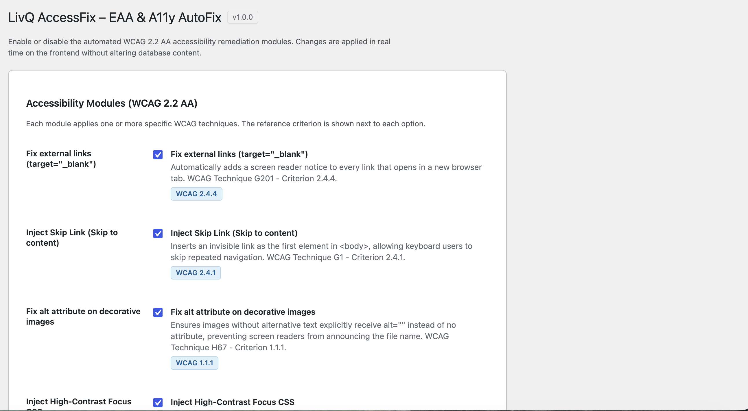 Settings page - Accessibility Modules (WCAG 2.2 AA) with per-module toggles and WCAG criterion badges.
