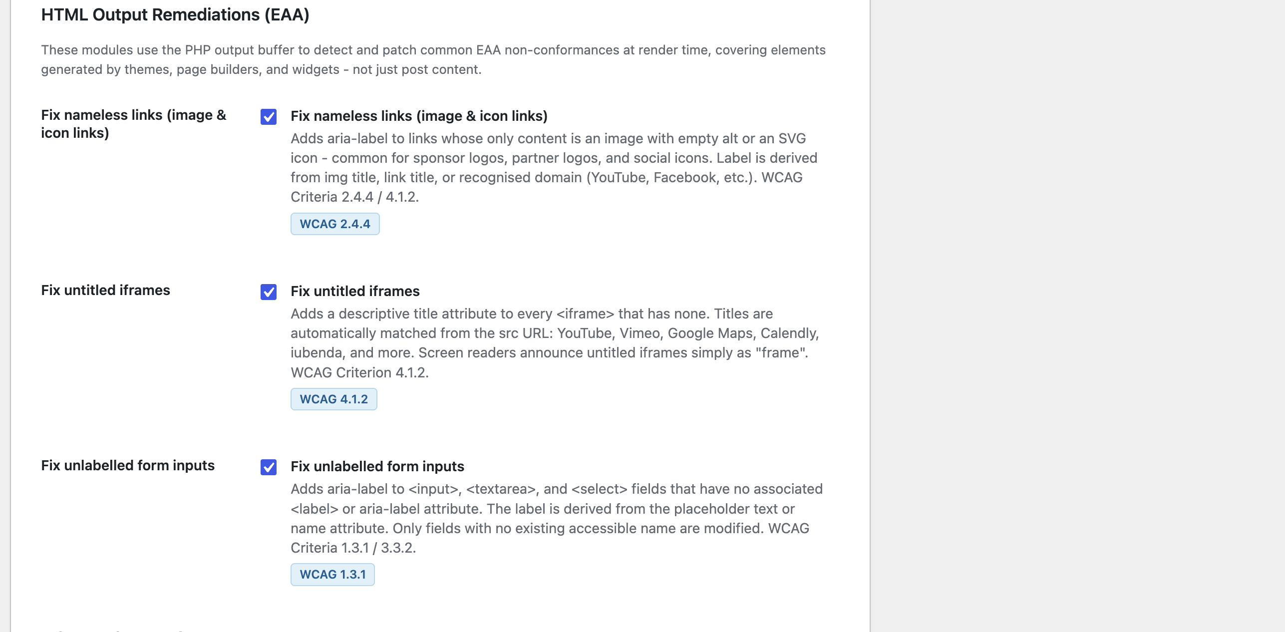 Settings page - HTML Output Remediations (EAA): nameless link, iframe title, and form input label fixes.