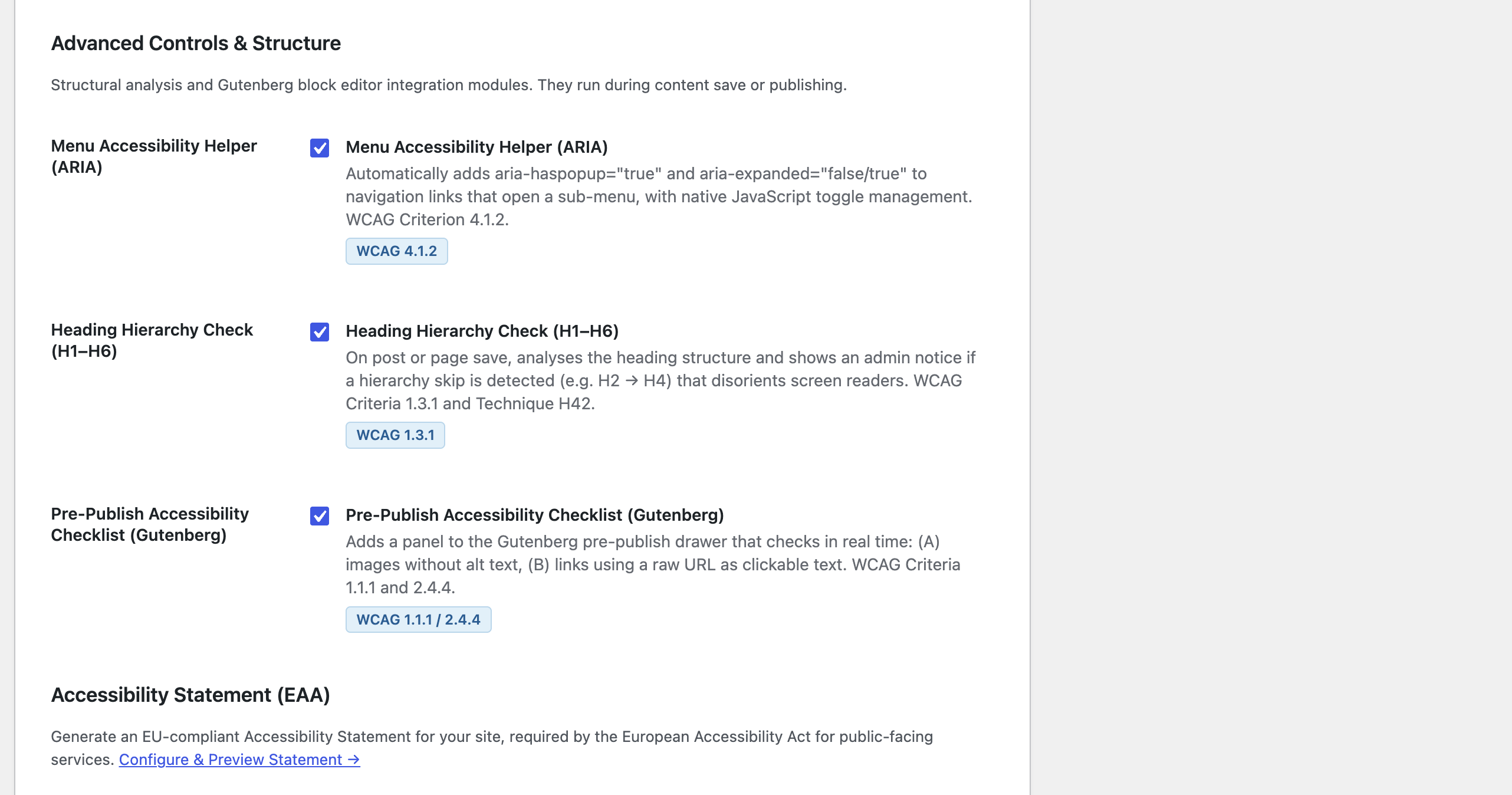 Settings page - Advanced Controls & Structure: Menu ARIA helper, heading hierarchy check, Gutenberg pre-publish checklist.
