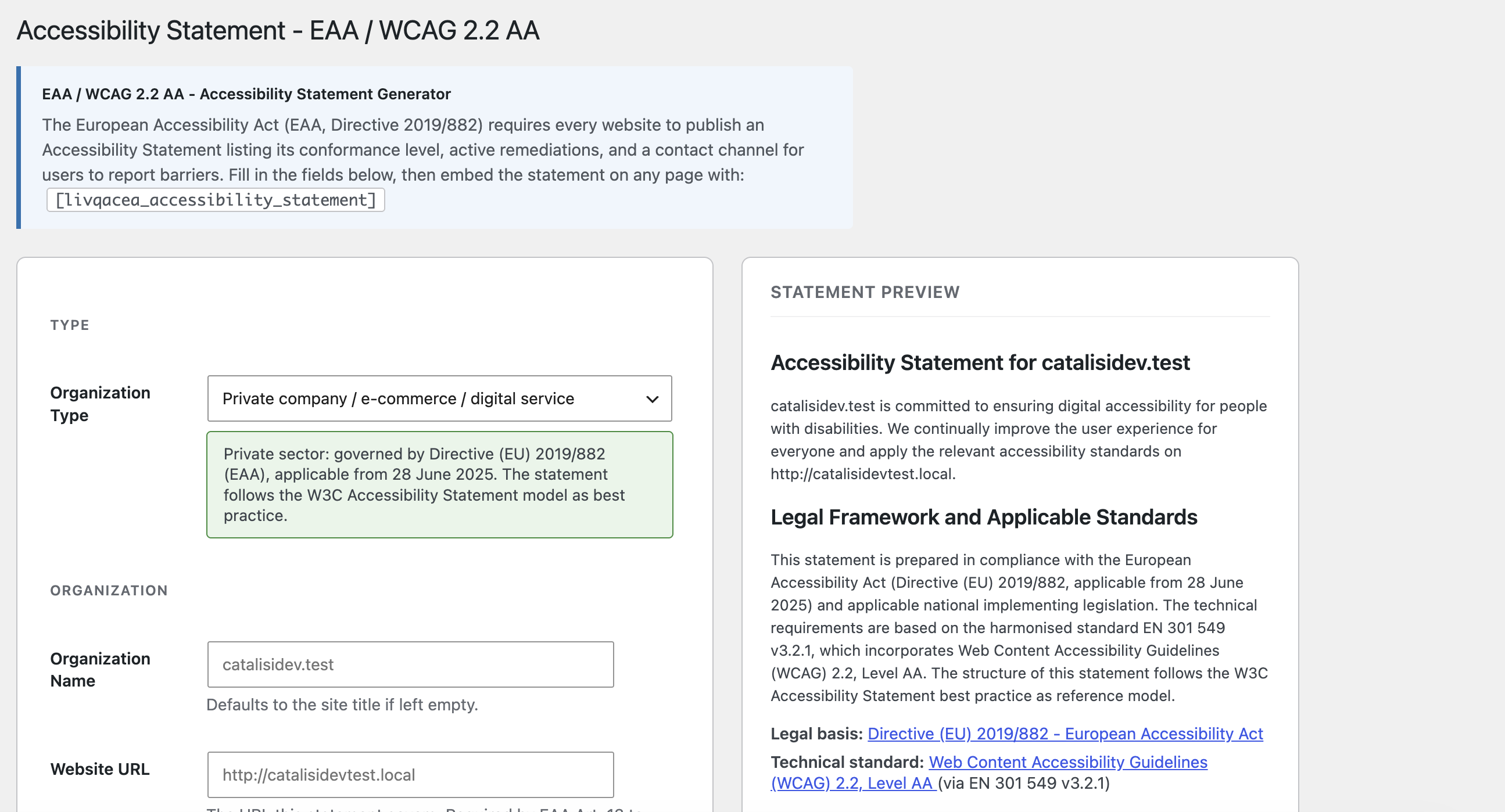 Accessibility Statement Generator - organisation type selector with legal framework guidance and live statement preview.