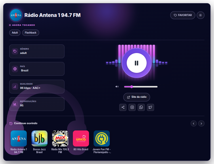 Modern radio player (dark mode)