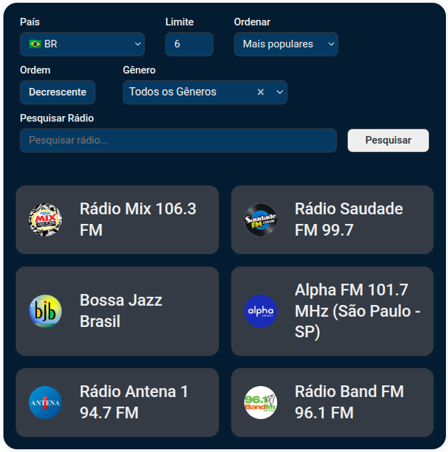 Radio station list with country filter and search functionality