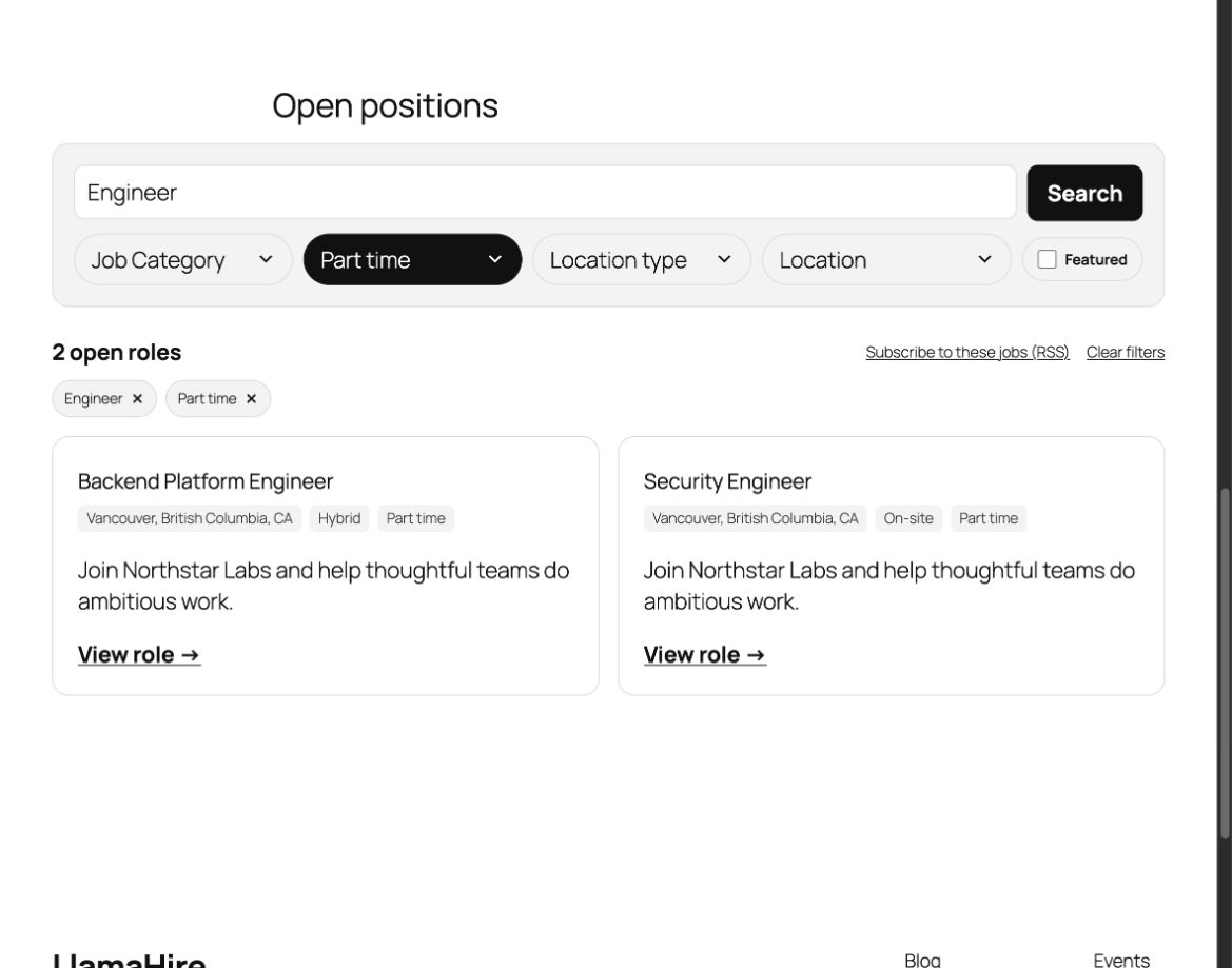 Careers directory with search, job-type filters, and shareable results.