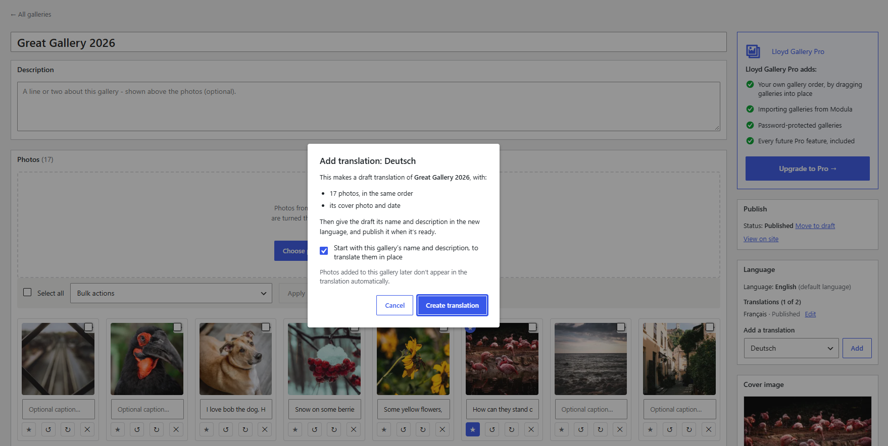 Adding a translation: its photos, cover and date are copied across, ready for you to translate the words.