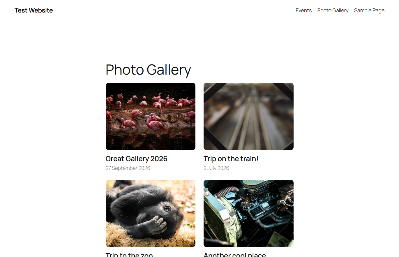 The galleries page, created when the plugin is activated, listing every gallery with its cover photo and date.