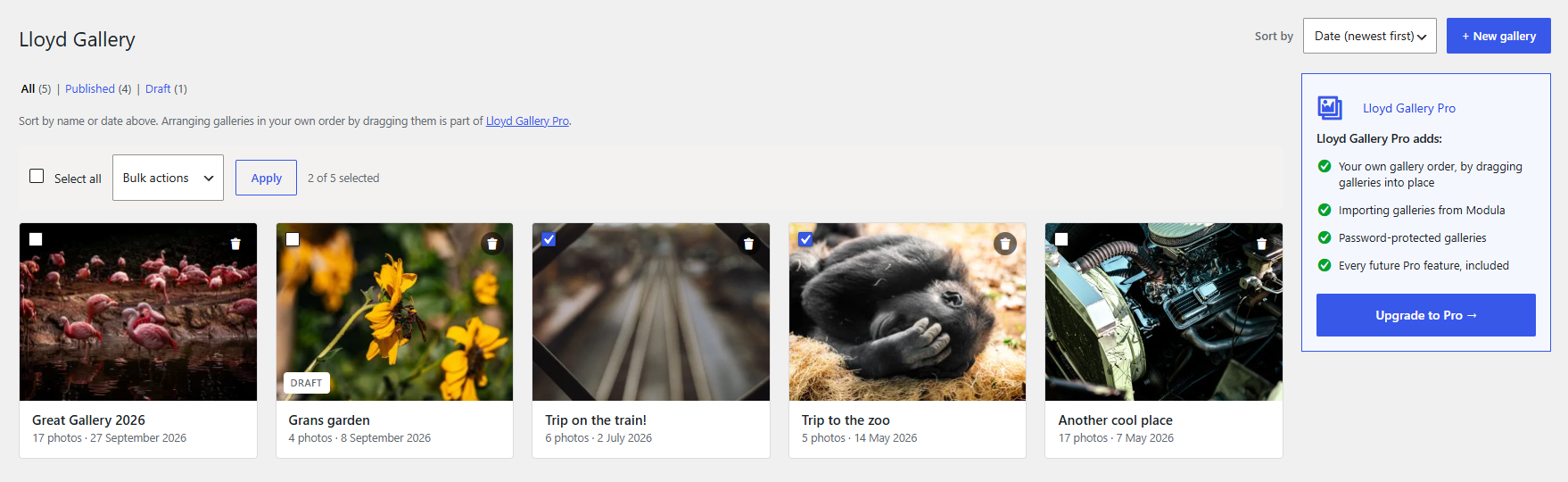 All your galleries in one place, with Published and Draft tabs and actions for several galleries at once.