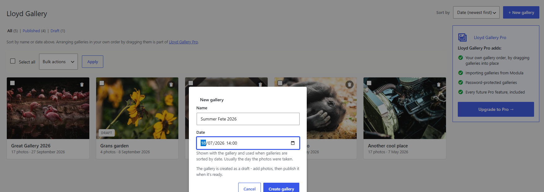 Creating a gallery: a name and a date.