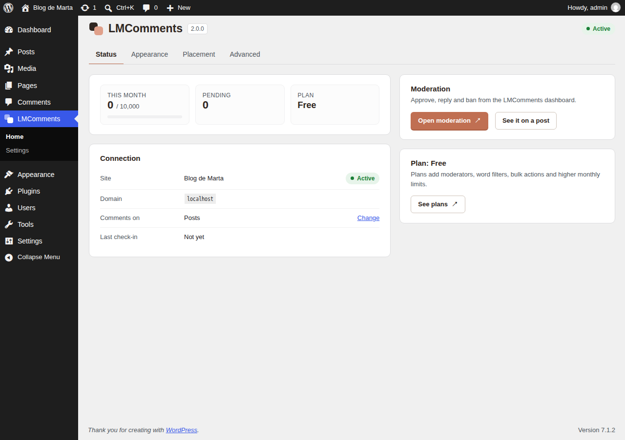 Status: this month's comments, pending moderation, plan and connection.