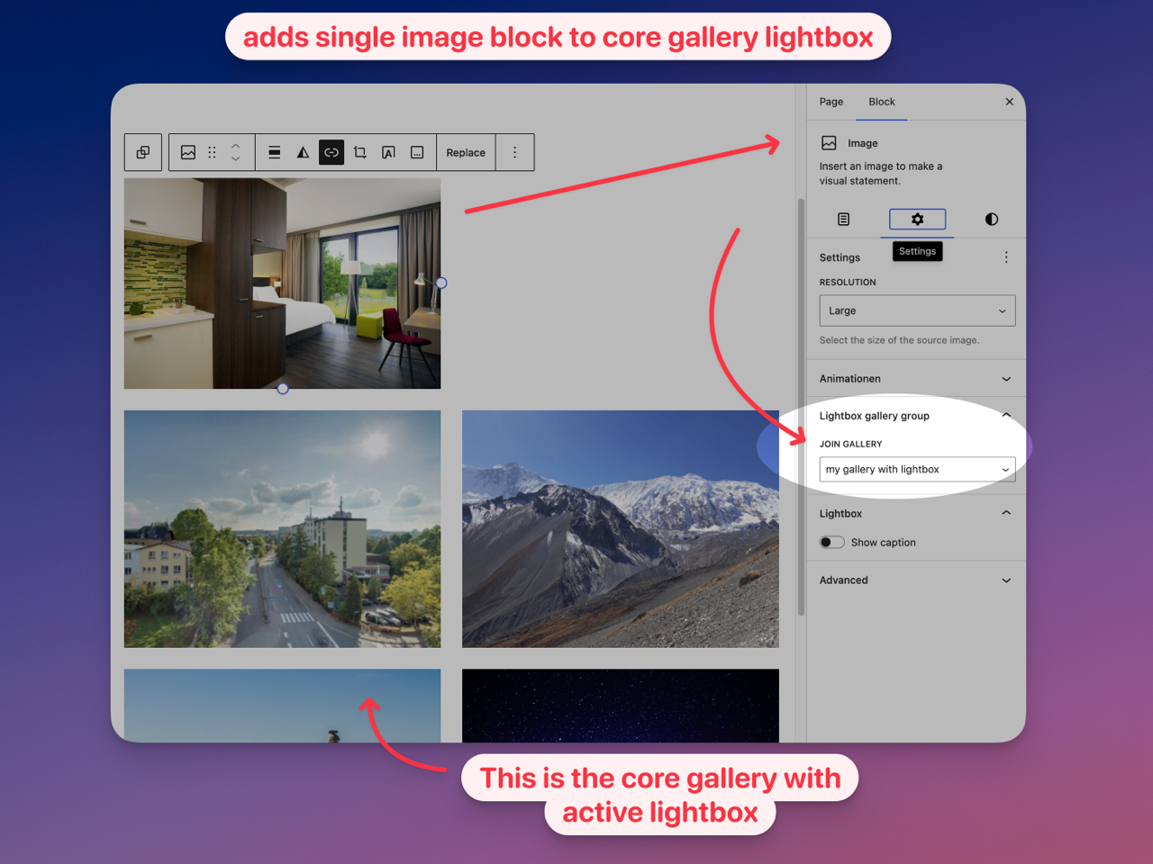 Image block inspector with the Lightbox gallery group selector