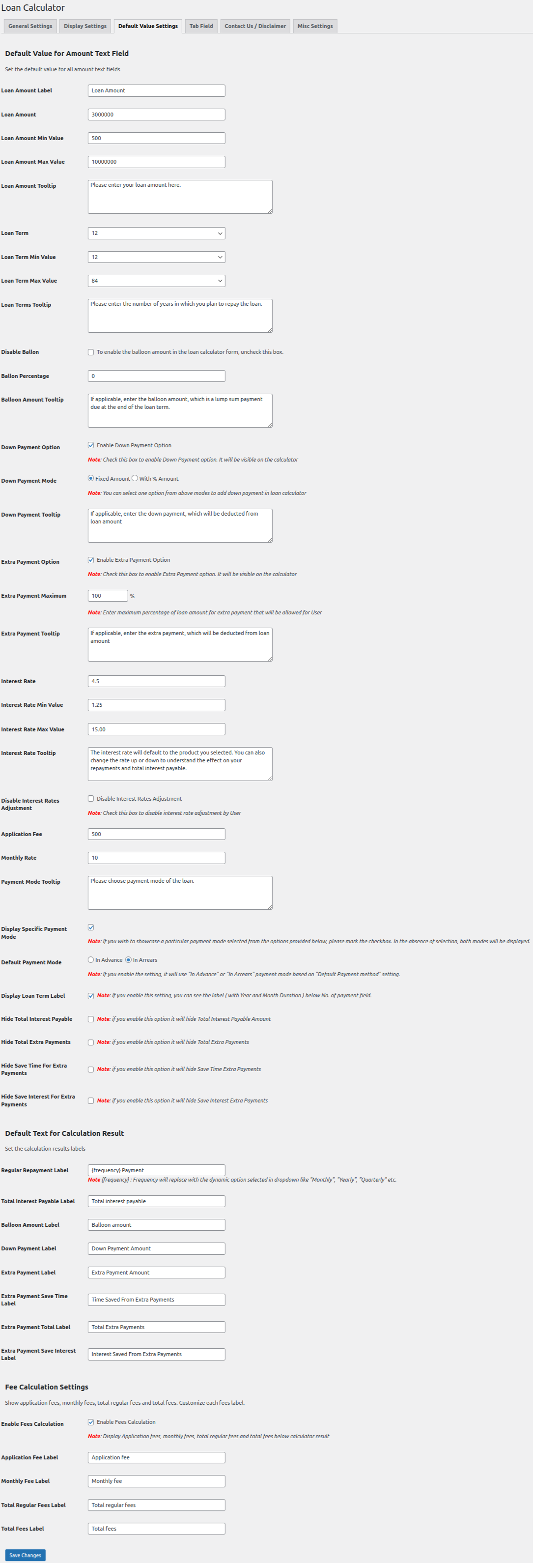 Default Value Settings