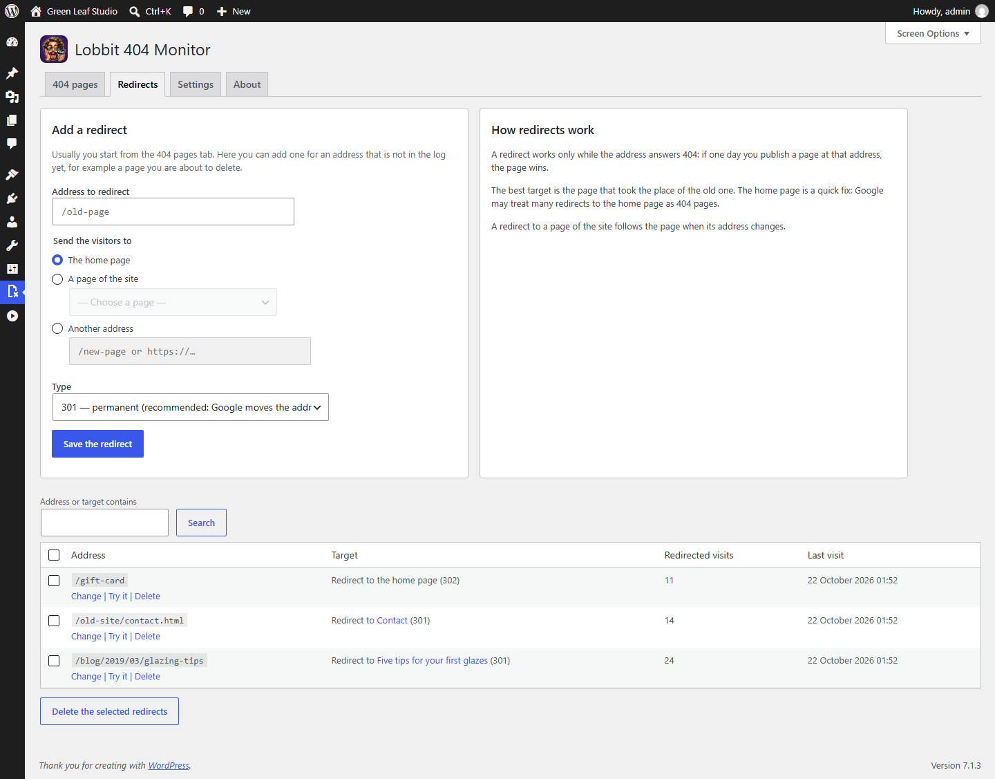 Redirects: add one for any address, and the list with the redirected visits.