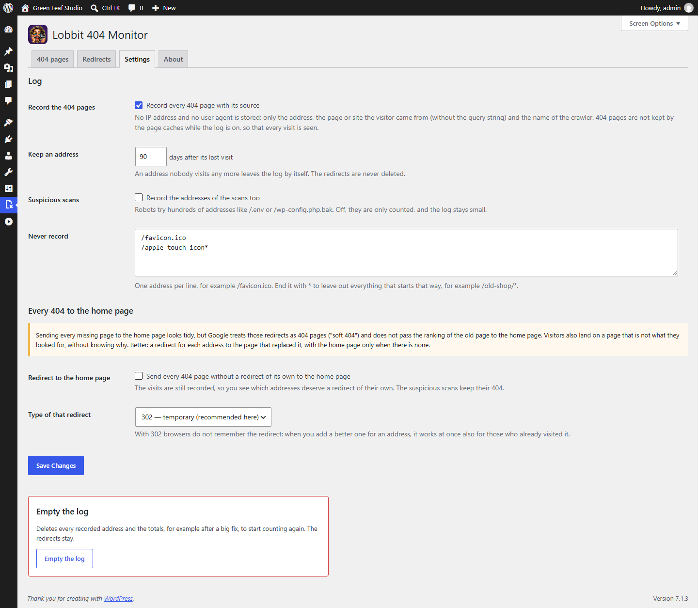 Settings: the log, the retention, the addresses never to record and the optional redirect of every 404 to the home page.