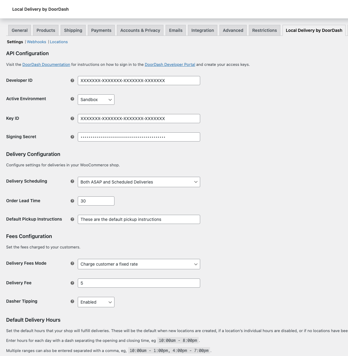 Local Delivery by DoorDash settings page in the WooCommerce settings area