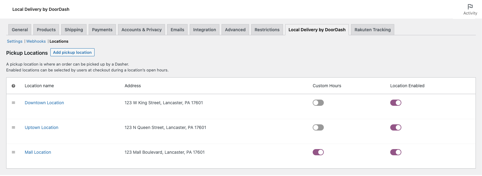 Configuration screen for pickup locations in the Local Delivery by DoorDash settings