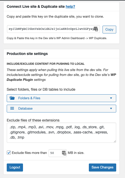 Live Site settings page.