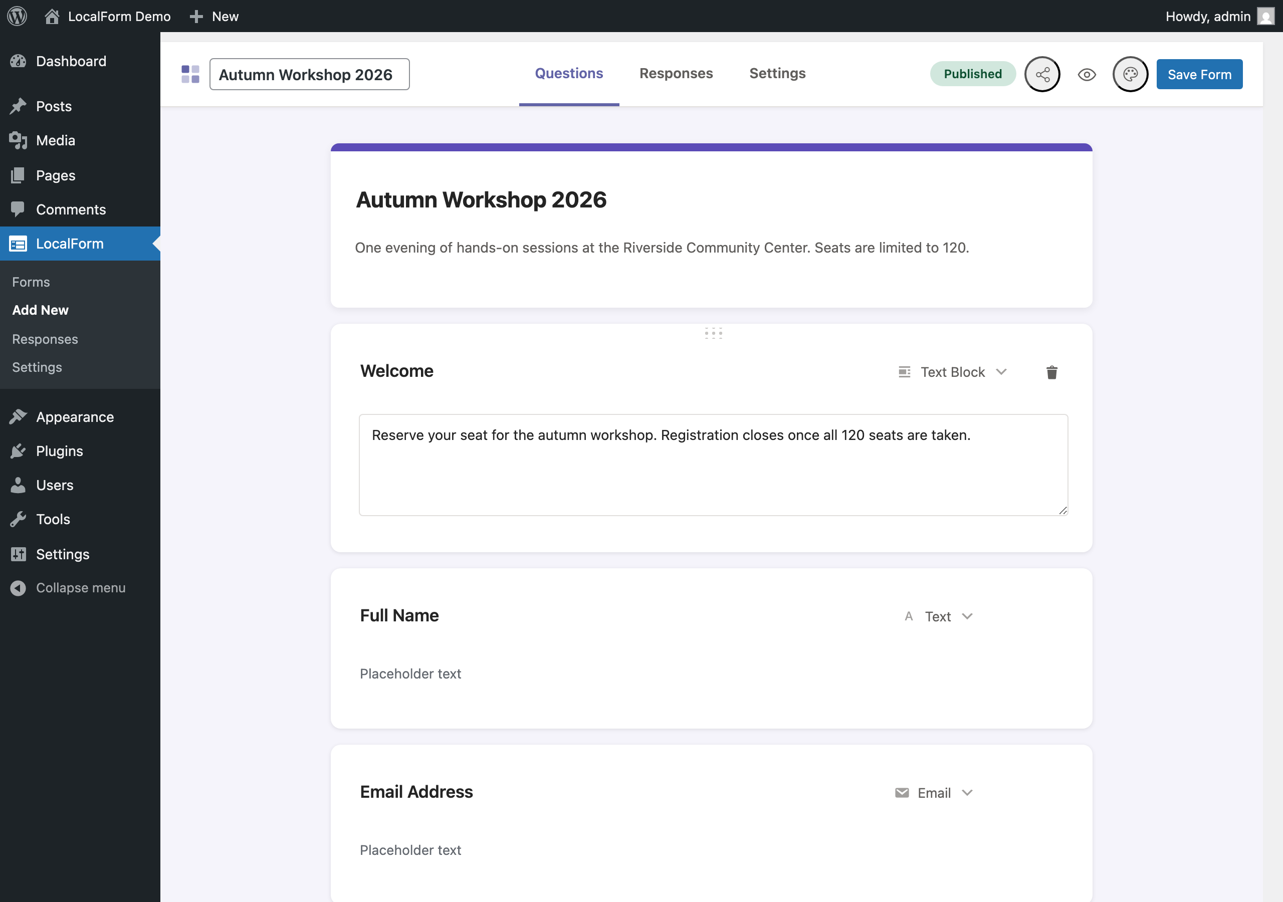 Form builder in the WordPress admin.