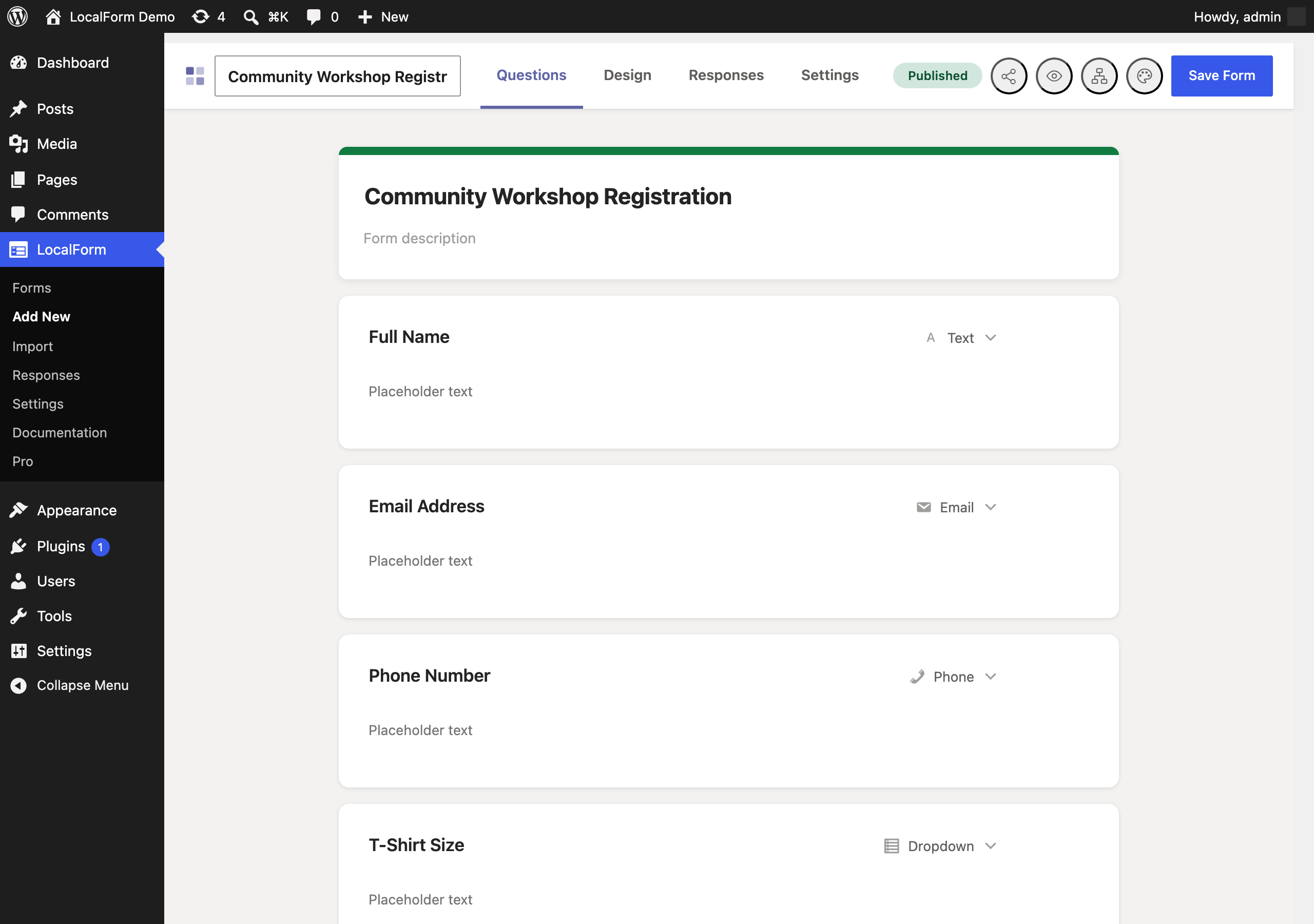 Form builder in the WordPress admin.