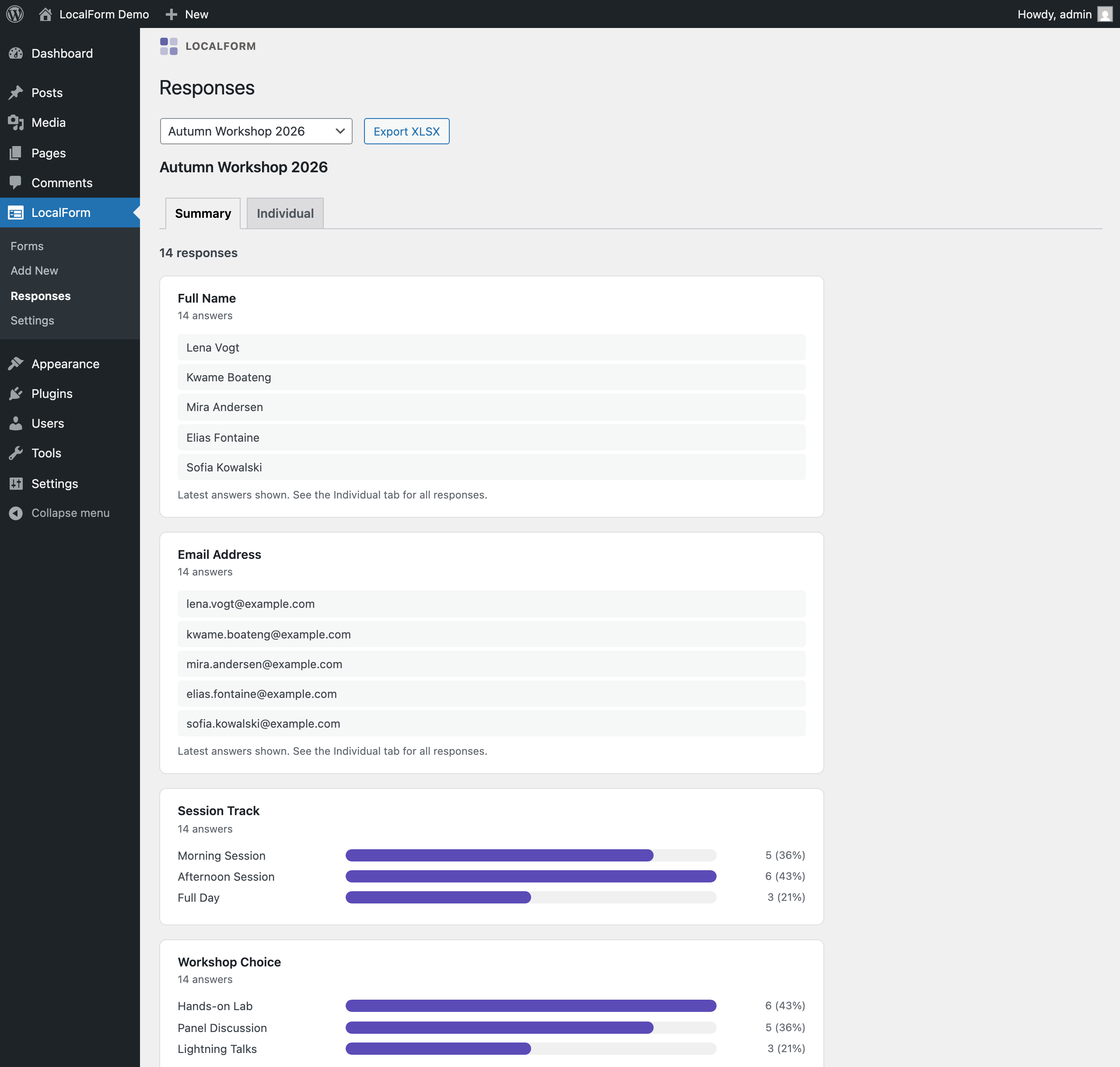 Responses summary with per-question charts and XLSX export.