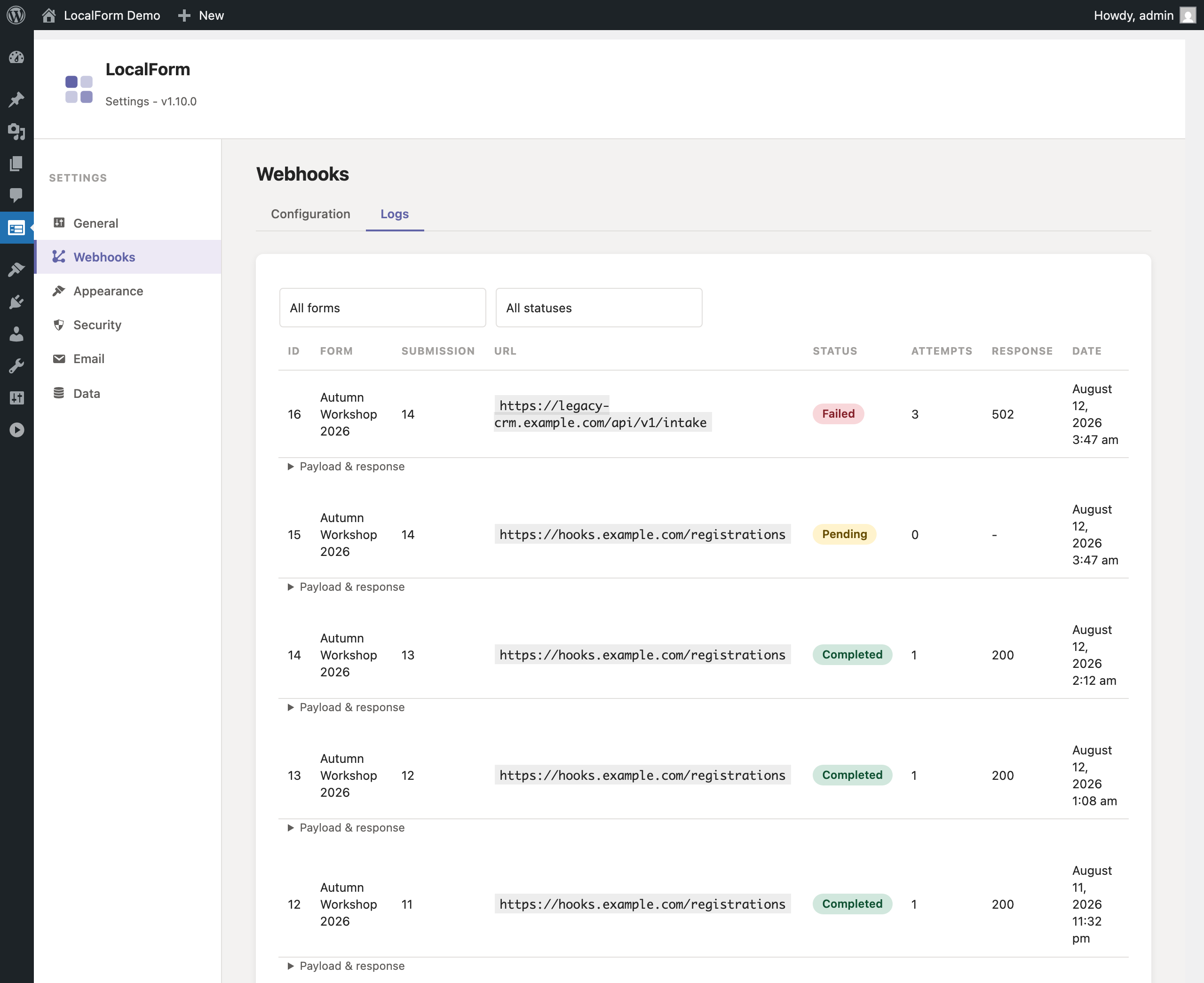 Webhook log viewer.
