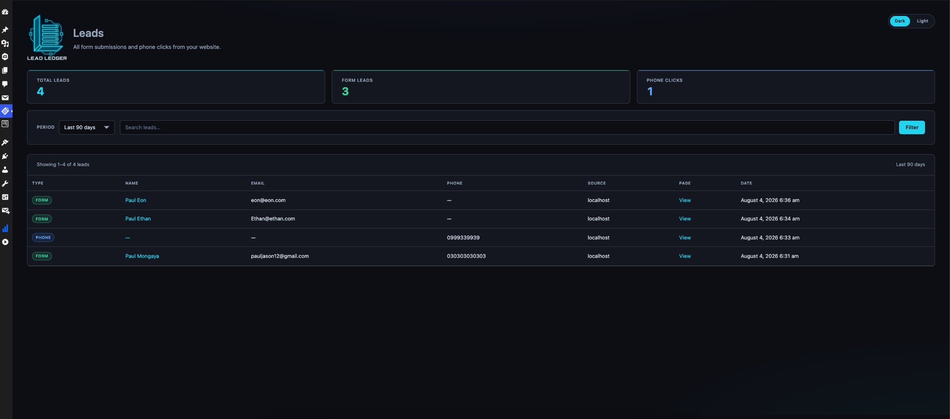Leads list with search and date filters