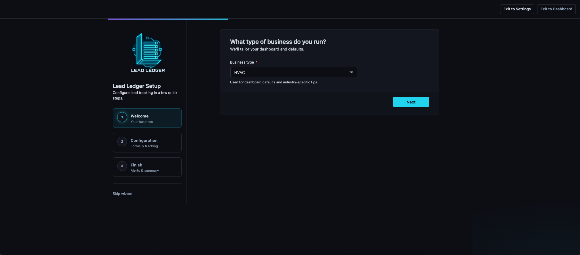 Three-step setup wizard