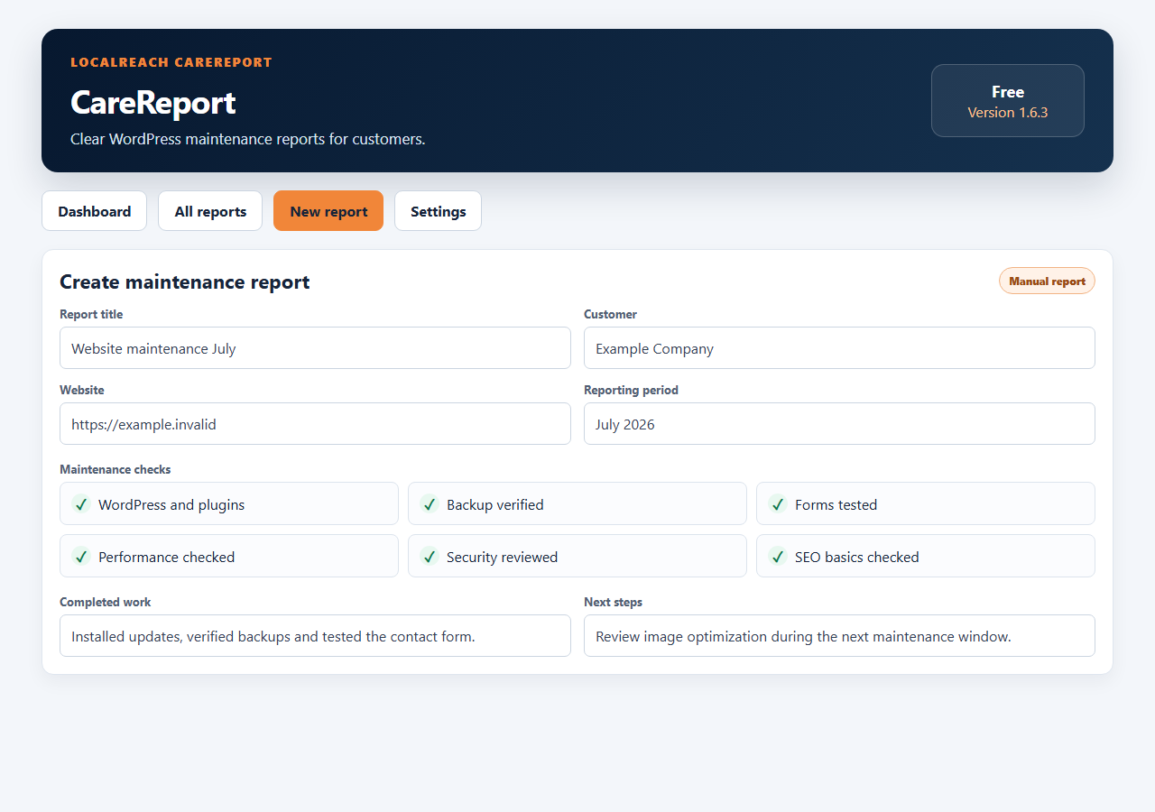 Manual report editor with customer data, maintenance checks and report content.