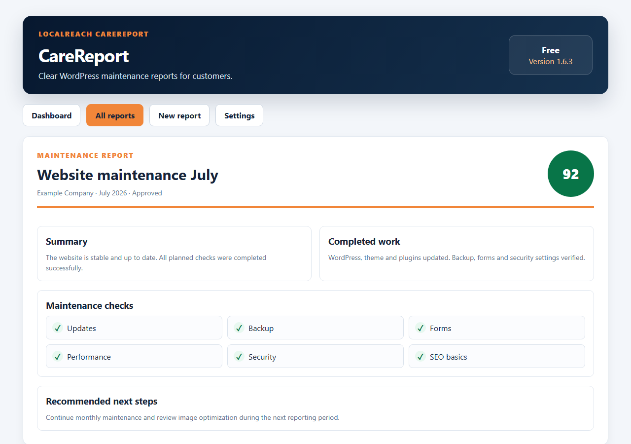 Customer-facing report preview with website score, completed checks and recommendations.