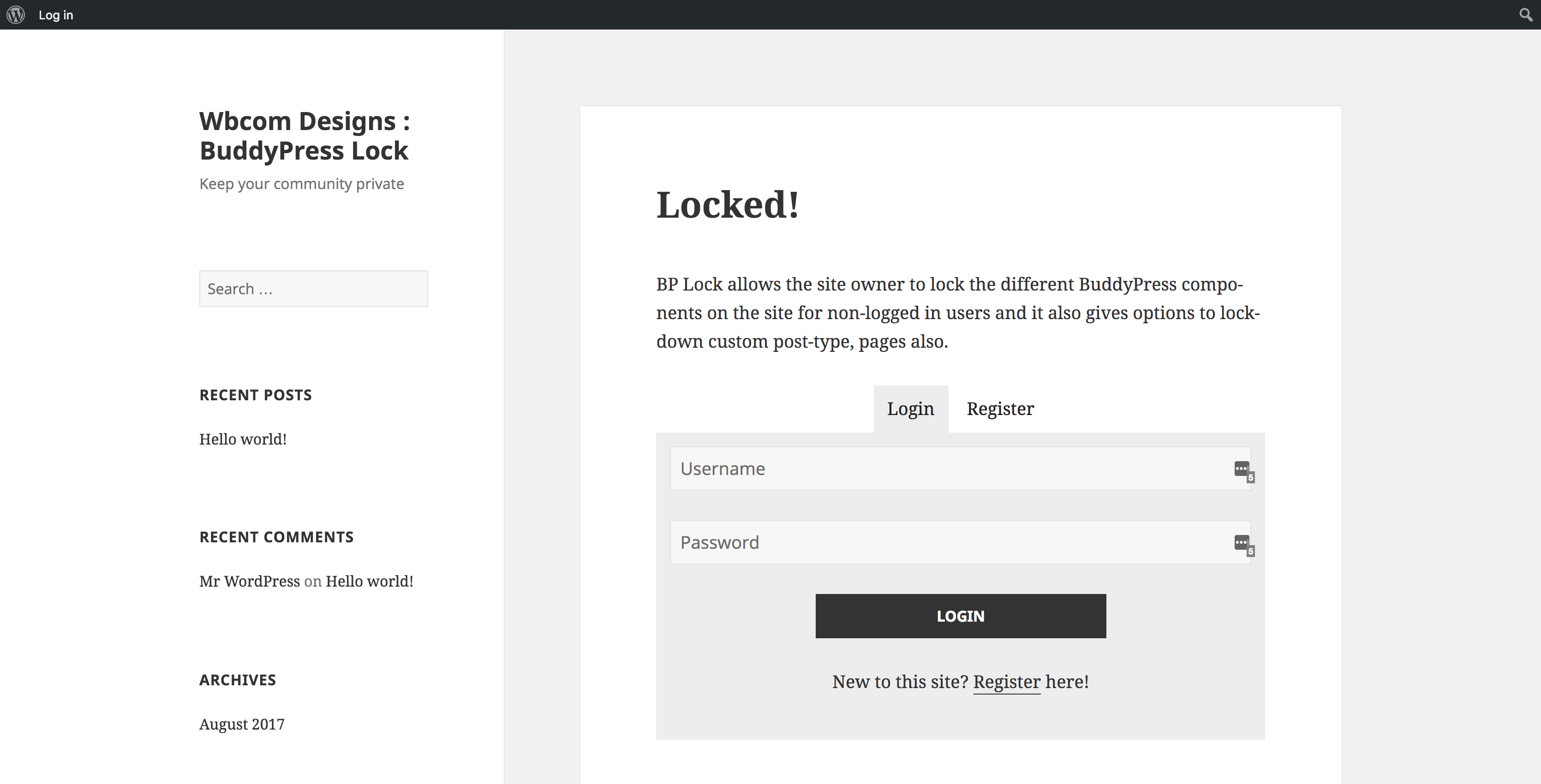 Frontend view - Login form displayed on protected pages