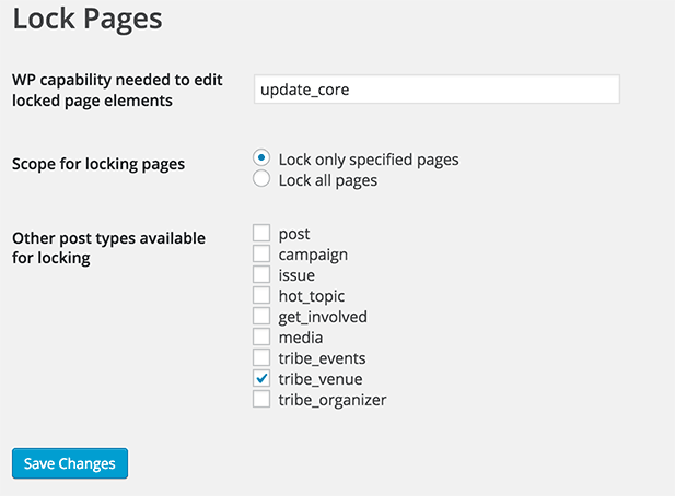 The Lock Pages settings screen