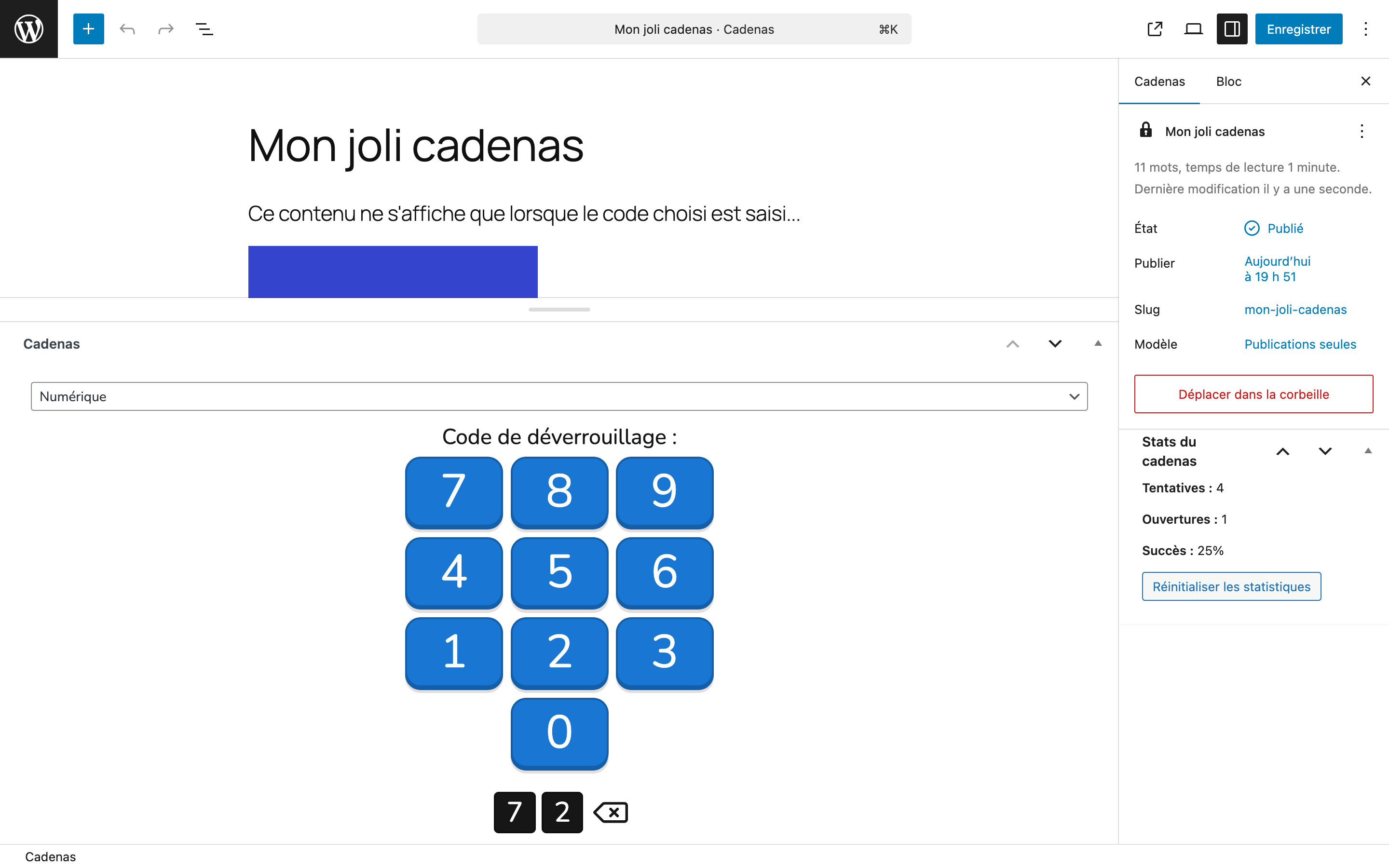 This plugin add a new post type "Lock" in the dashboard, allowing you to add a Lockee lock and content to display when the lock is opened.