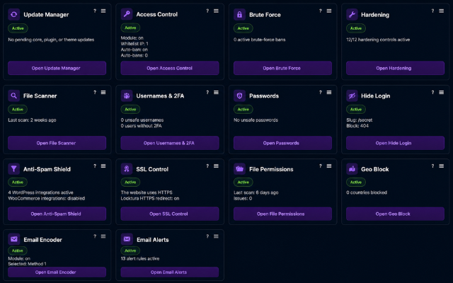 Module management overview showing active protections and the current status of each module.