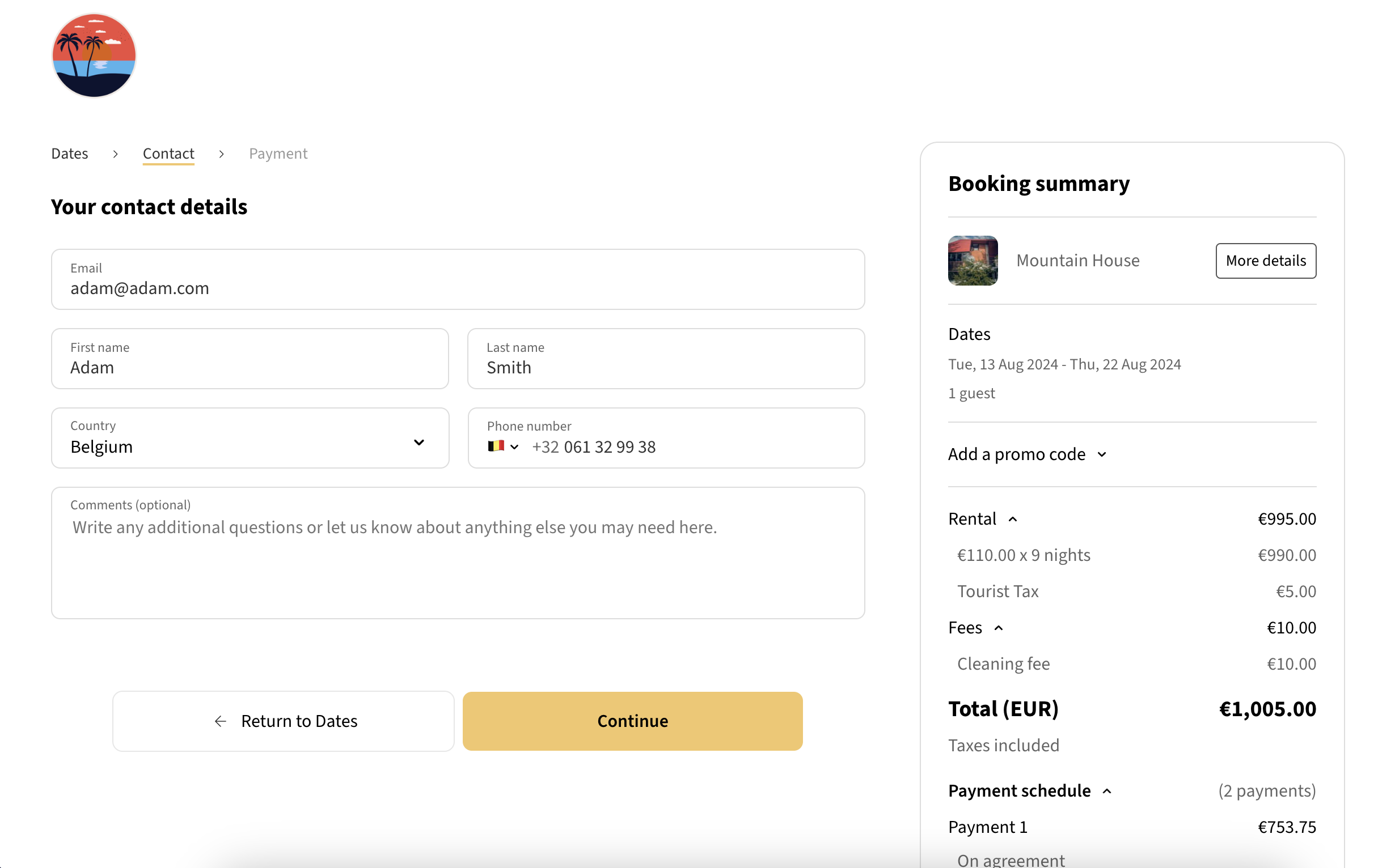 Checkout flow step 2 of the booking engine