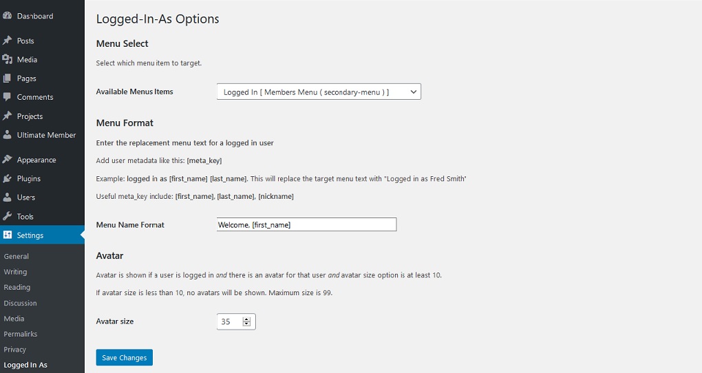 Example Settings screen
