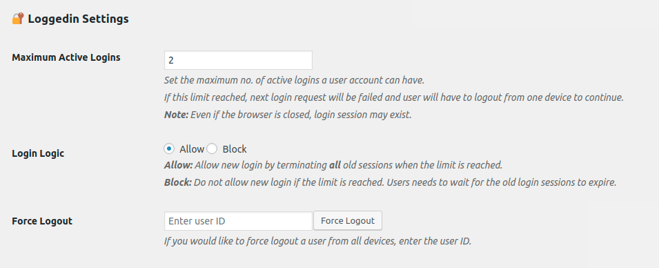<strong>Settings</strong> - Set maximum no. of active logins for a user account.