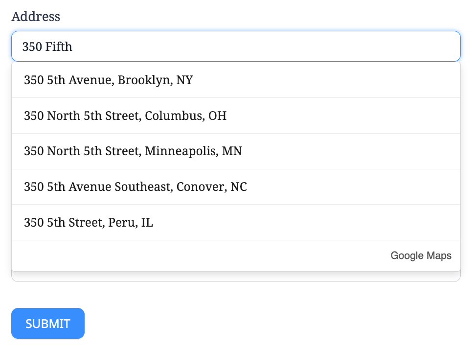 Live Google Places suggestions in the dedicated Formidable Forms Address field. Google attribution remains visible.